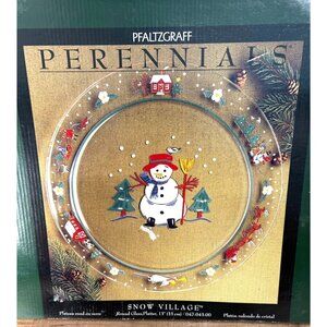 Pfaltzgraff Christmas Perennials Snow Village 13" Round Glass Platter